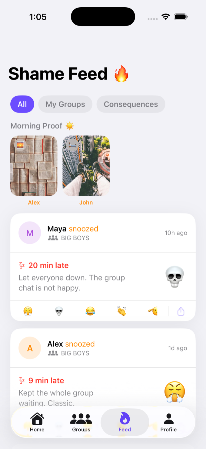 Rouse Shame Feed screen showing wake-proof photos and a friend who snoozed 20 minutes late